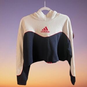 adidas White and Navy Cropped Hoodie with Red Logo